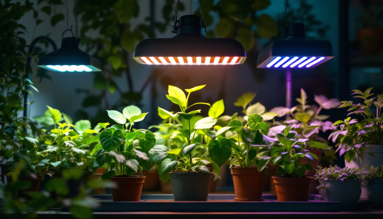 A photograph of a well-lit indoor gardening setup featuring vibrant plants under various types of led grow lamps