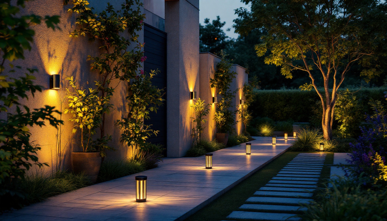 A photograph of a beautifully lit outdoor space featuring solar wall-mounted lights in action during twilight