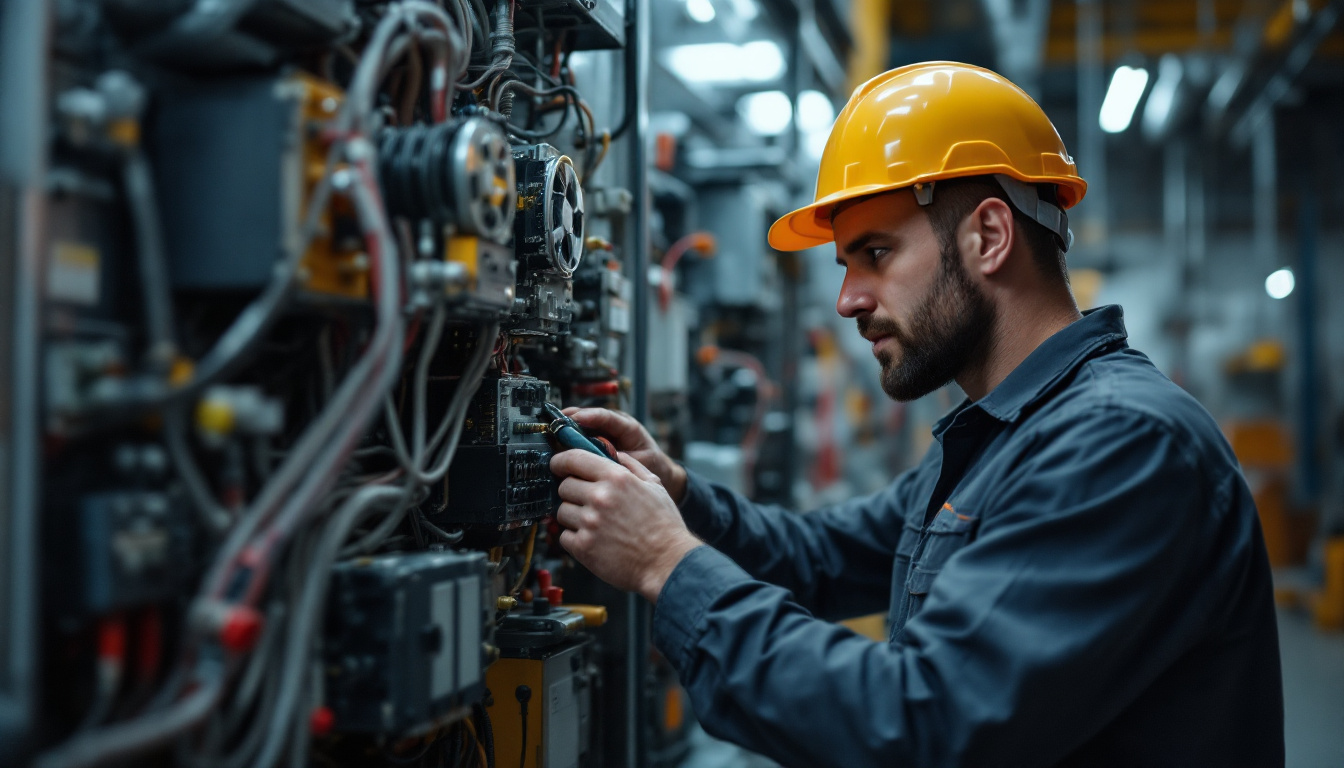 A photograph of a skilled electrical engineer working intently on replacing a fan in an industrial setting