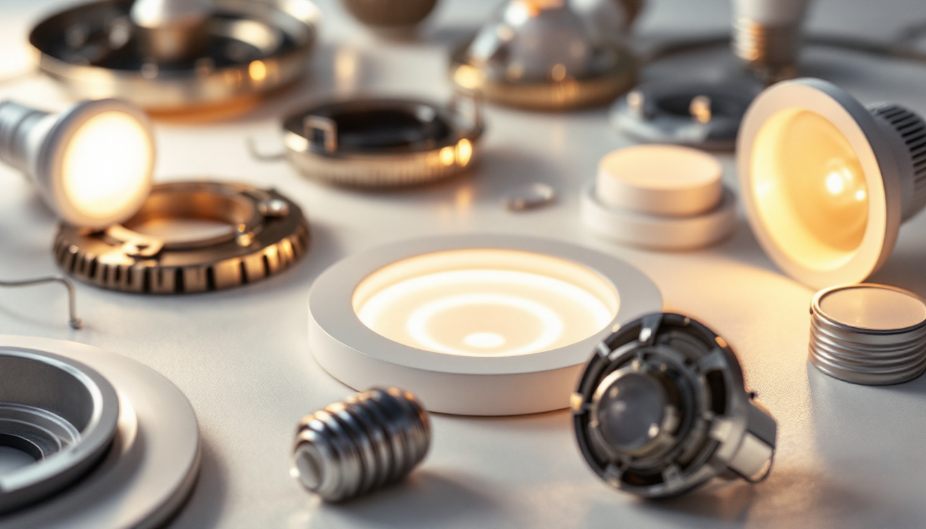 A photograph of a close-up view of various recessed can light components
