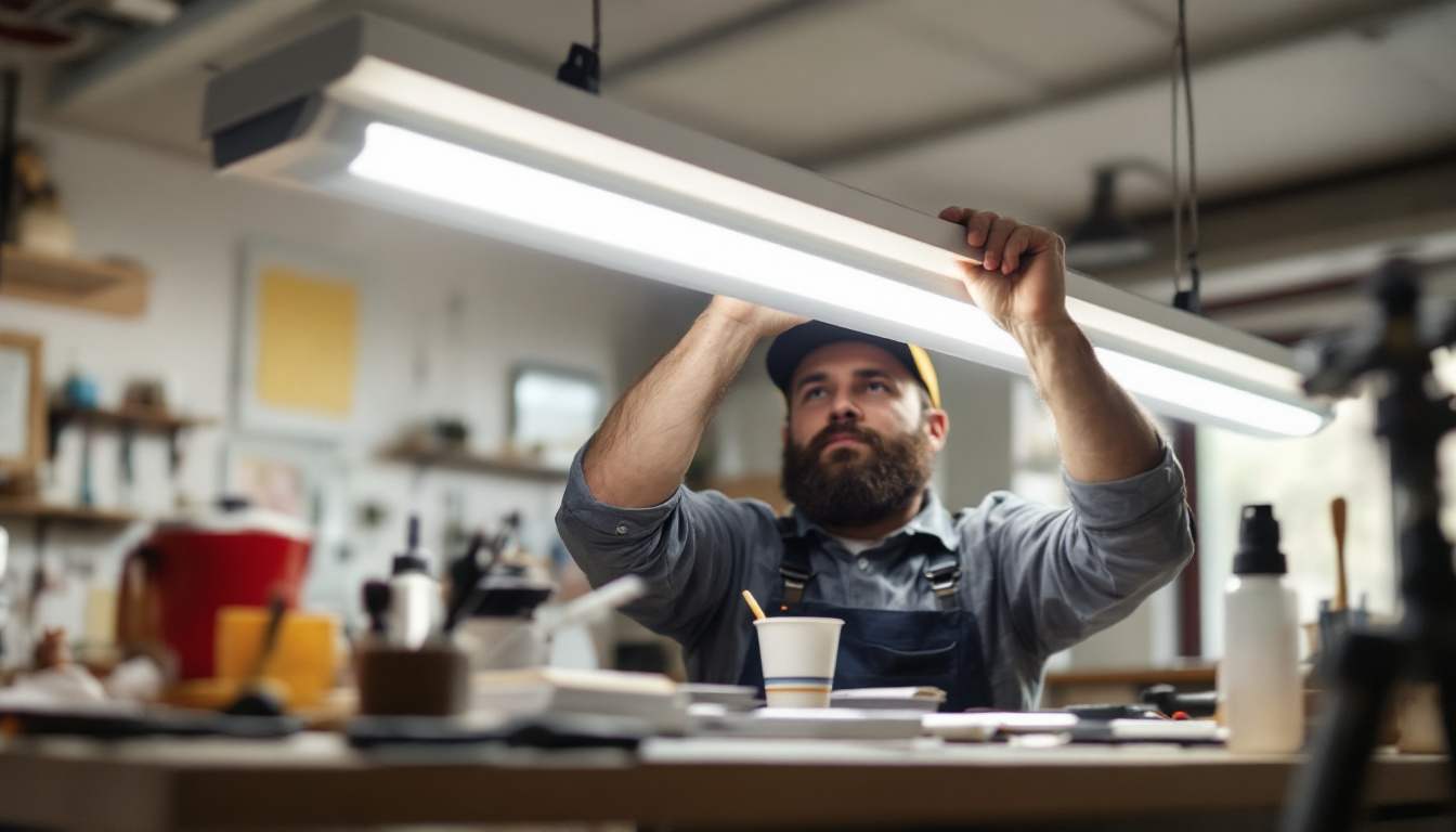 A photograph of a lighting engineer skillfully replacing a fluorescent light fixture in a well-lit workspace