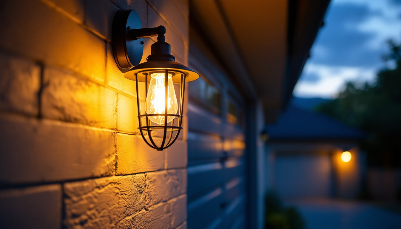 A photograph of a stylish and functional outdoor light fixture installed near a garage