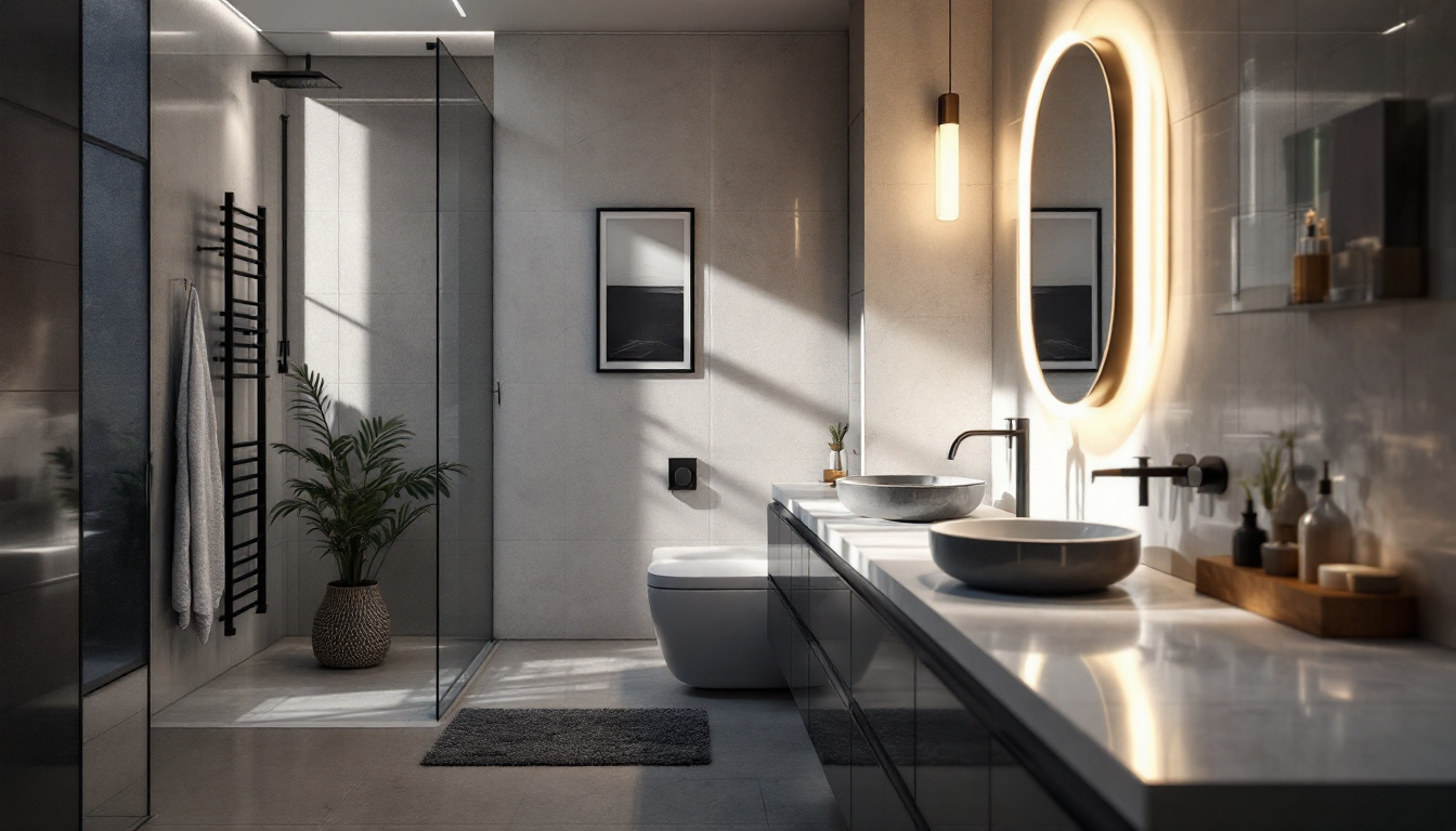A photograph of a modern bathroom featuring innovative lighting fixtures that highlight sleek design elements
