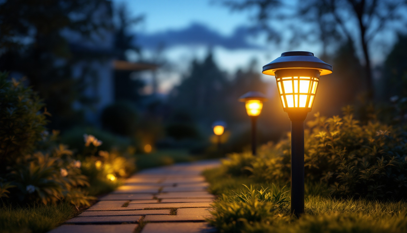 A photograph of a beautifully illuminated outdoor solar path light in a serene garden setting during twilight
