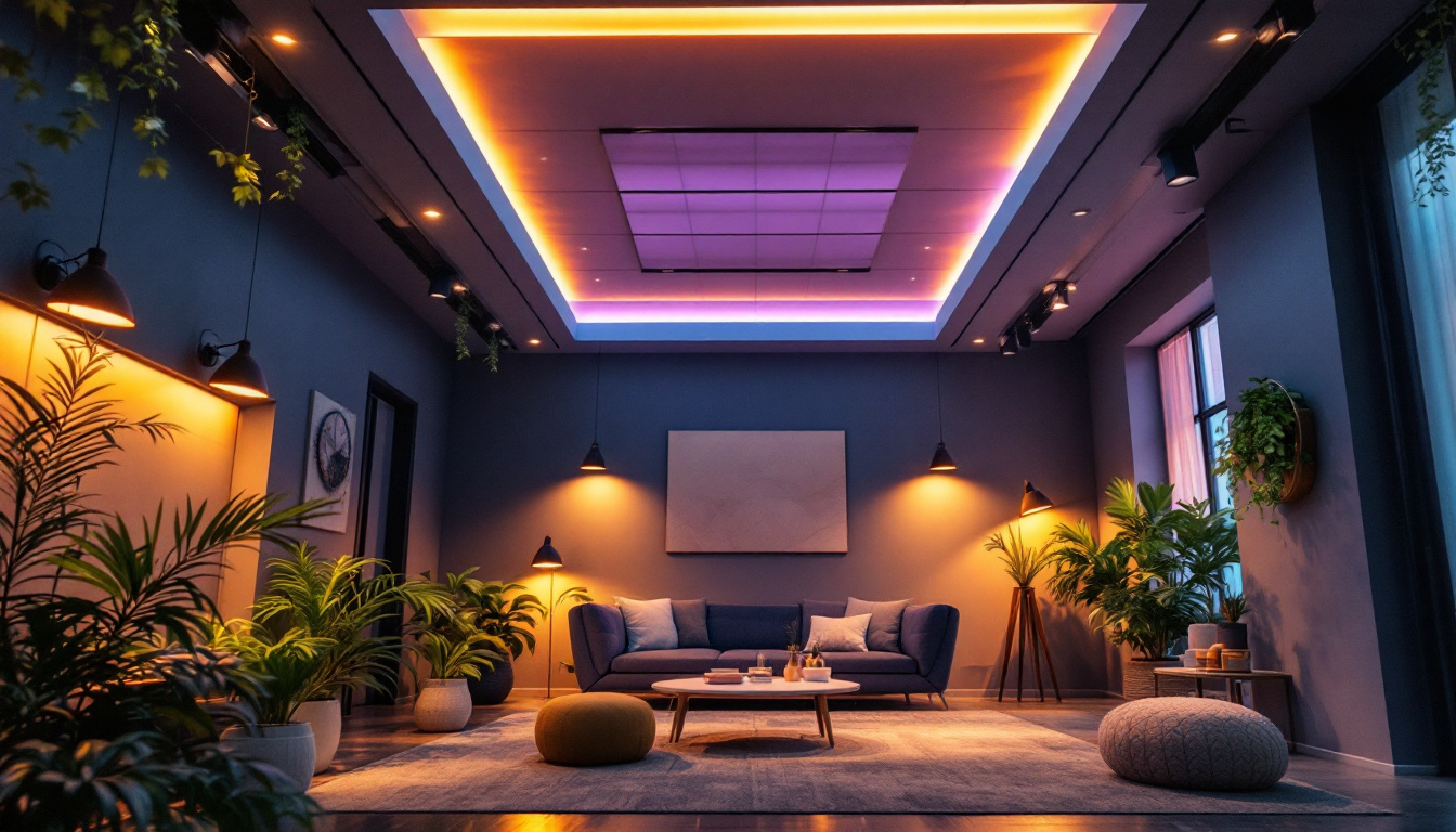 A photograph of a beautifully lit room featuring a drop ceiling