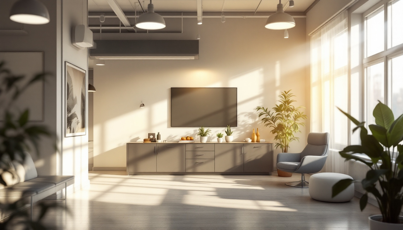 A photograph of a well-lit indoor space showcasing various lighting systems in use