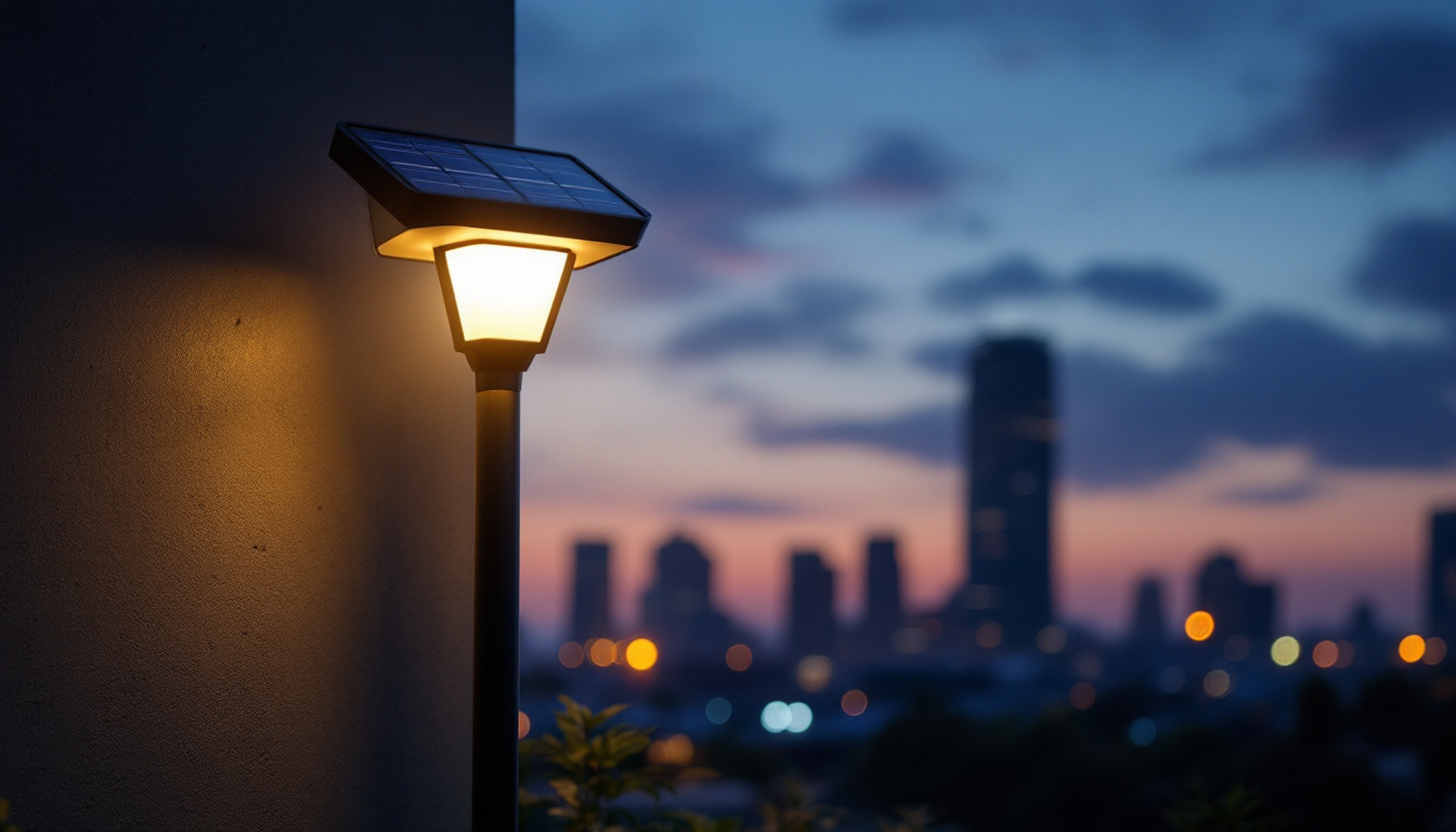 A photograph of a solar-powered lamp illuminating a modern urban environment at dusk