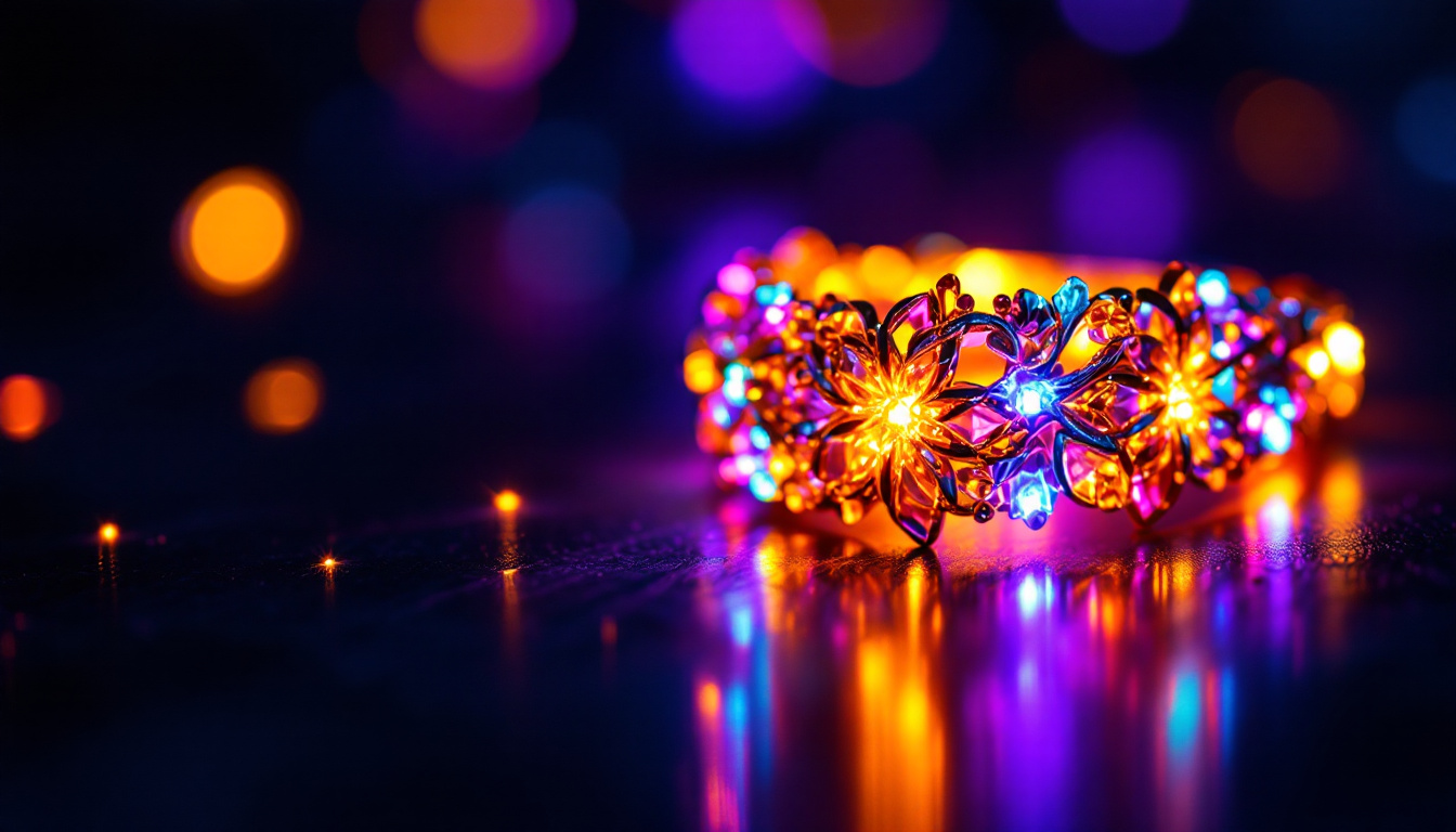 A photograph of a close-up of a beautifully designed piece of led jewelry illuminated in a dimly lit environment
