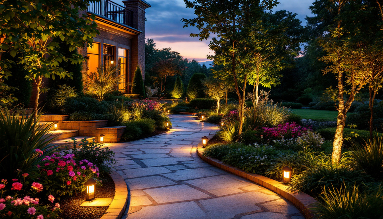 A photograph of a beautifully illuminated garden or landscape at dusk