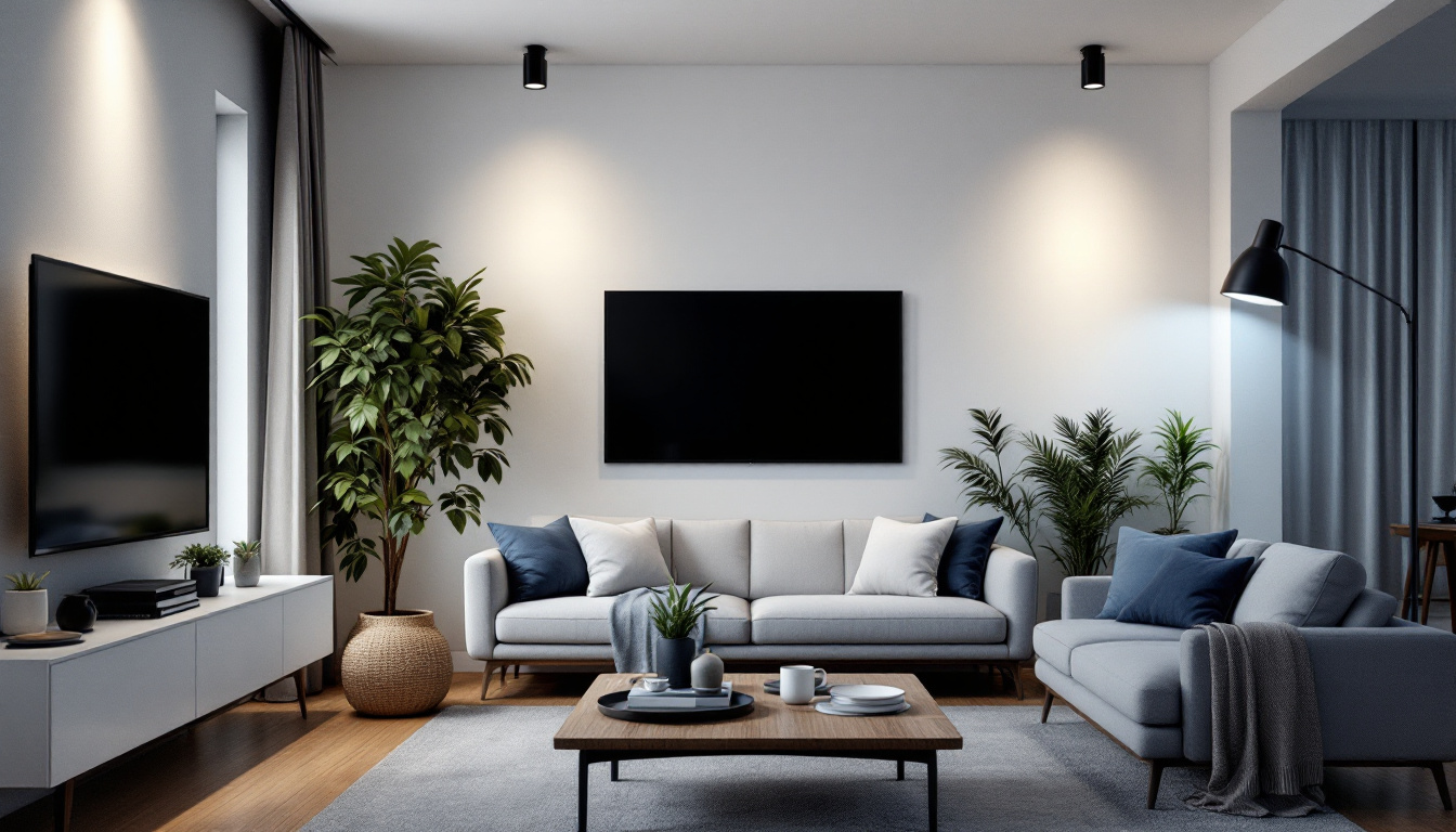 A photograph of a modern living space featuring various types of canned lighting fixtures in use