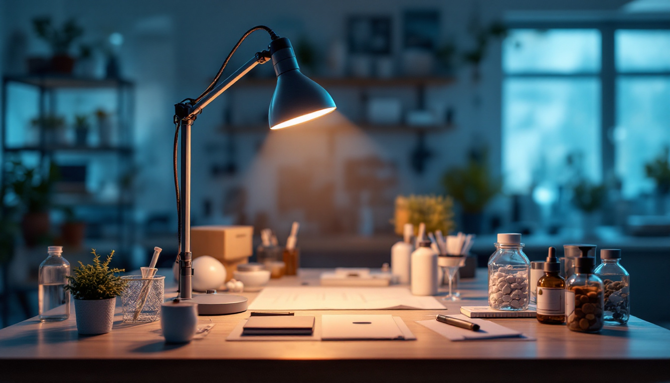 A photograph of a well-lit laboratory setting featuring a high-quality lab lamp in use