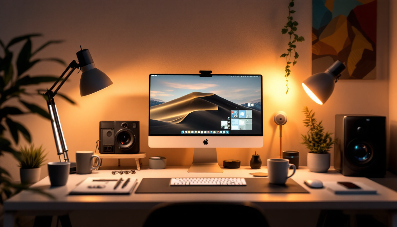 A photograph of a beautifully arranged workspace illuminated by a clip-on led strip light