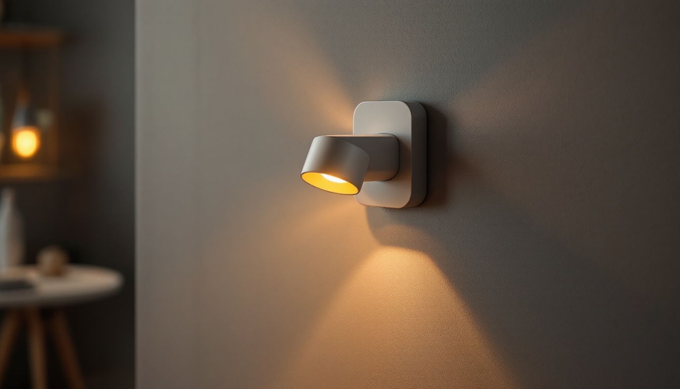 A photograph of a modern wall plug lamp in a stylish interior setting