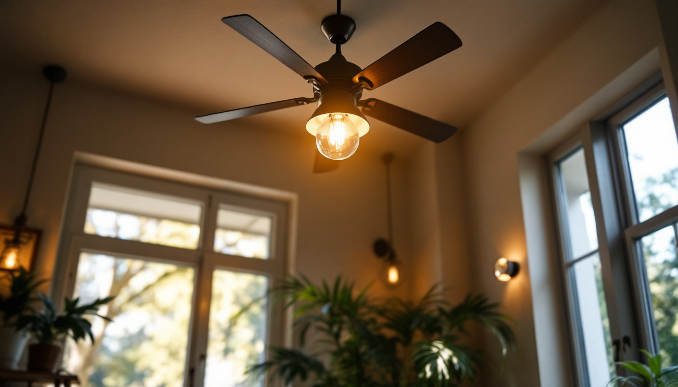 A photograph of a beautifully lit room showcasing a stylish ceiling fan and elegant light fixtures