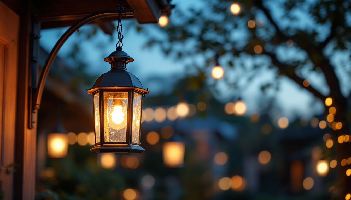 A photograph of a beautifully designed lantern hanging light in a well-lit outdoor setting