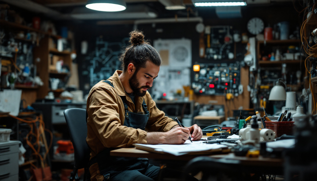 A photograph of a skilled electrical engineer working intently at a cluttered workspace