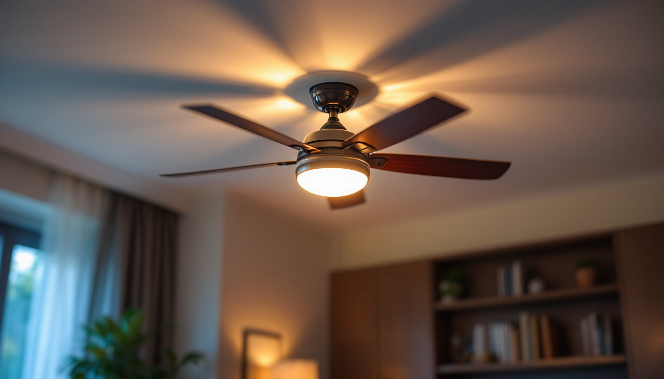 A photograph of a stylish ceiling fan with integrated lighting