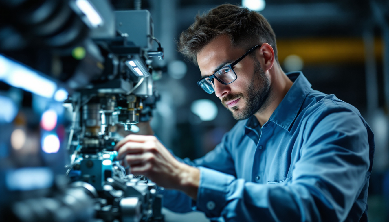 A photograph of a skilled engineer adjusting the settings on a pulling machine under optimal lighting conditions