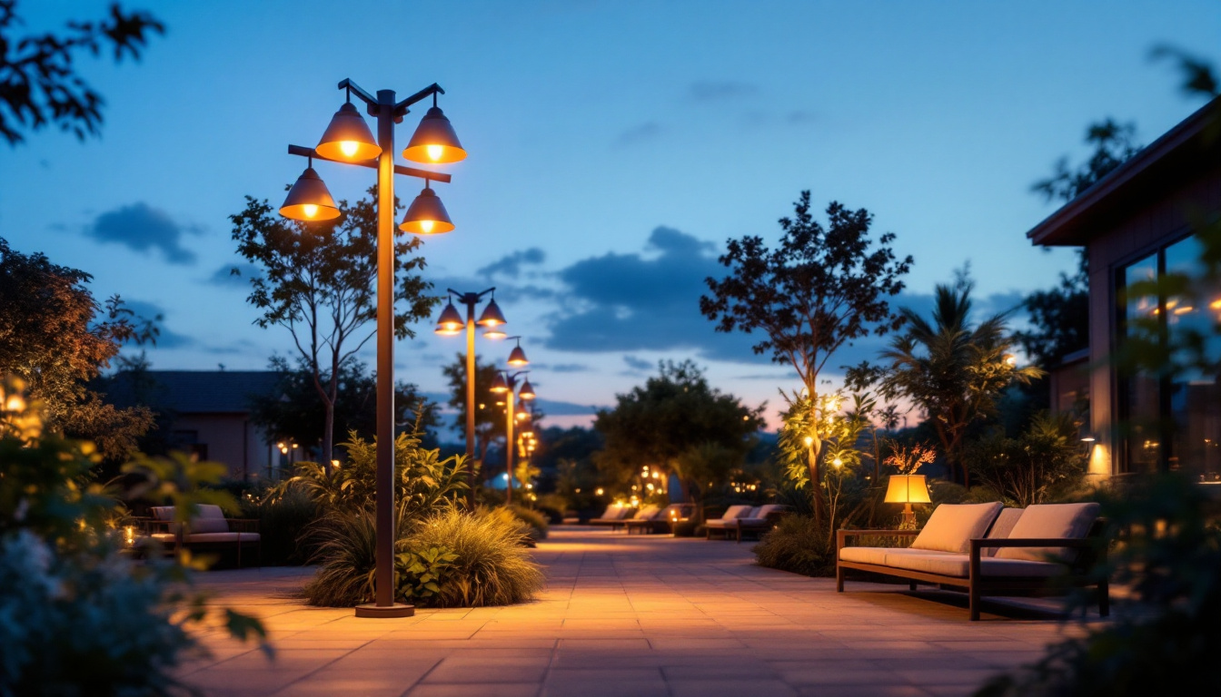 A photograph of a beautifully lit outdoor space featuring solar-powered lighting installations
