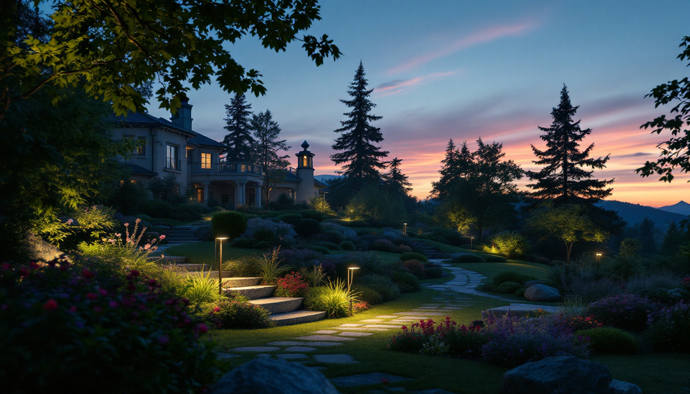 A photograph of a beautifully landscaped outdoor setting illuminated by flood lights at dusk