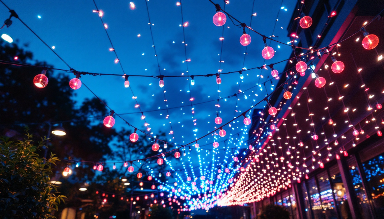 A photograph of a vibrant canopy of led lights illuminating an outdoor space