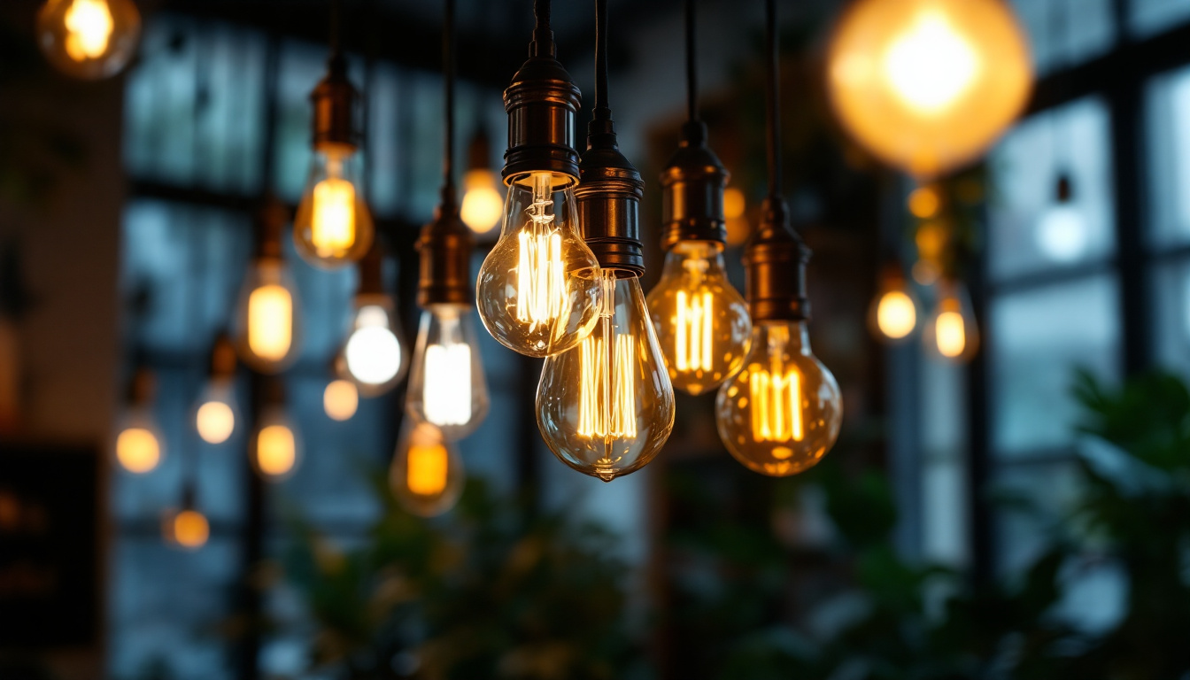 A photograph of a well-lit interior space showcasing a variety of light bulbs in use