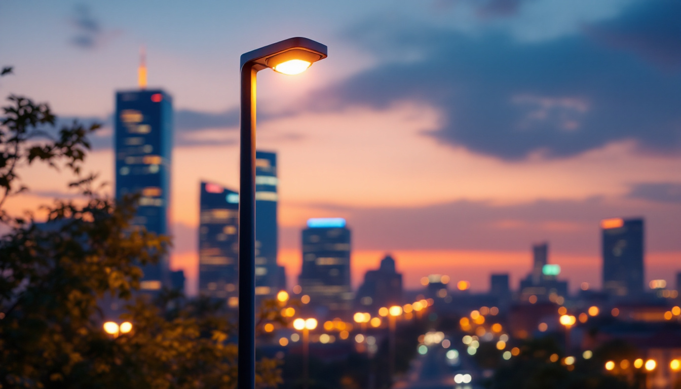 A photograph of a modern lamp post illuminated at dusk