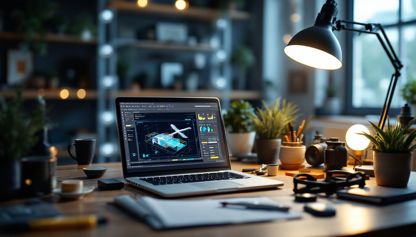 A photograph of a well-lit workspace featuring a laptop displaying a lighting project design