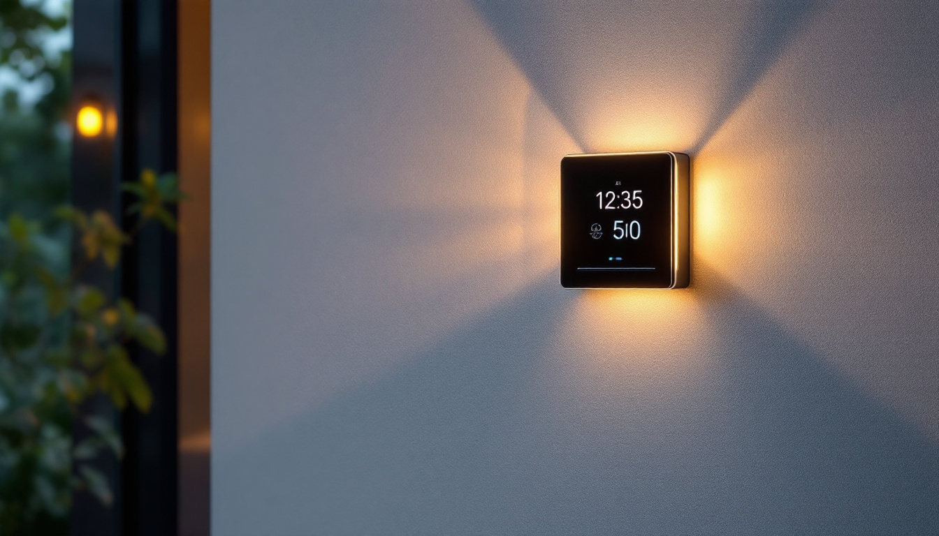 A photograph of a well-lit outdoor scene featuring a modern light switch timer installed on a wall