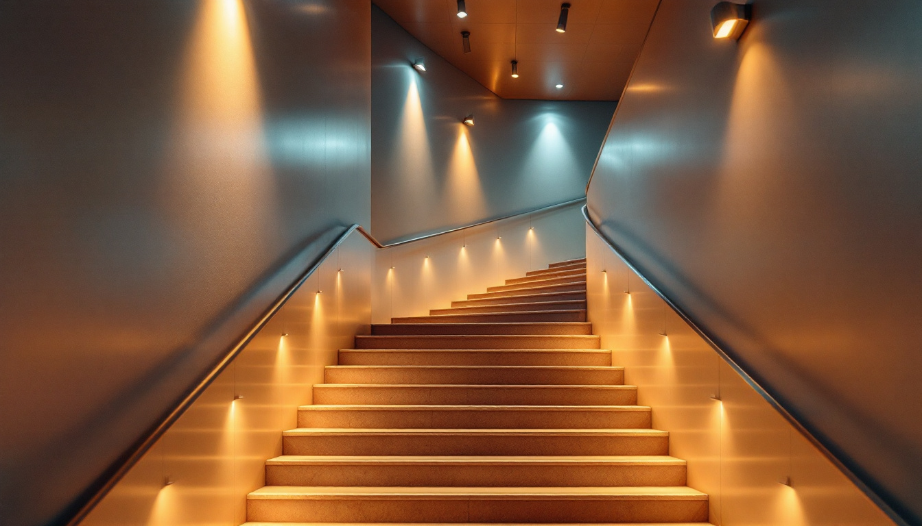 A photograph of a beautifully designed stairway illuminated by stylish ceiling lights