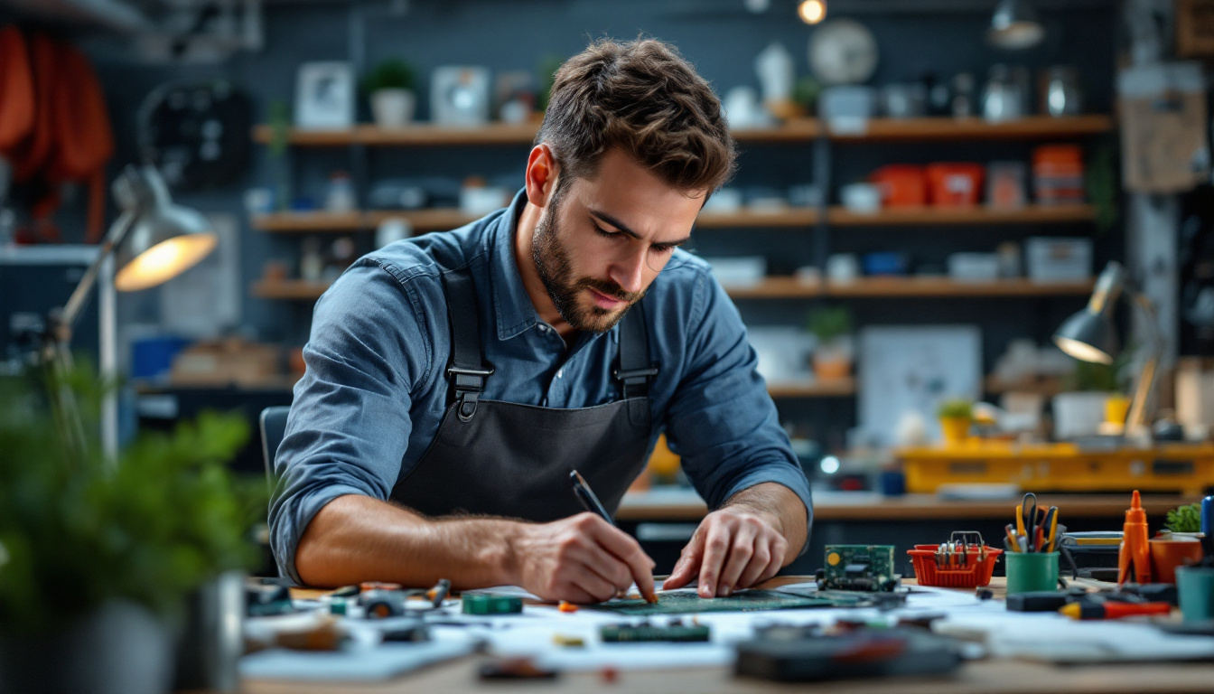 A photograph of a skilled electrical engineer in a modern workspace