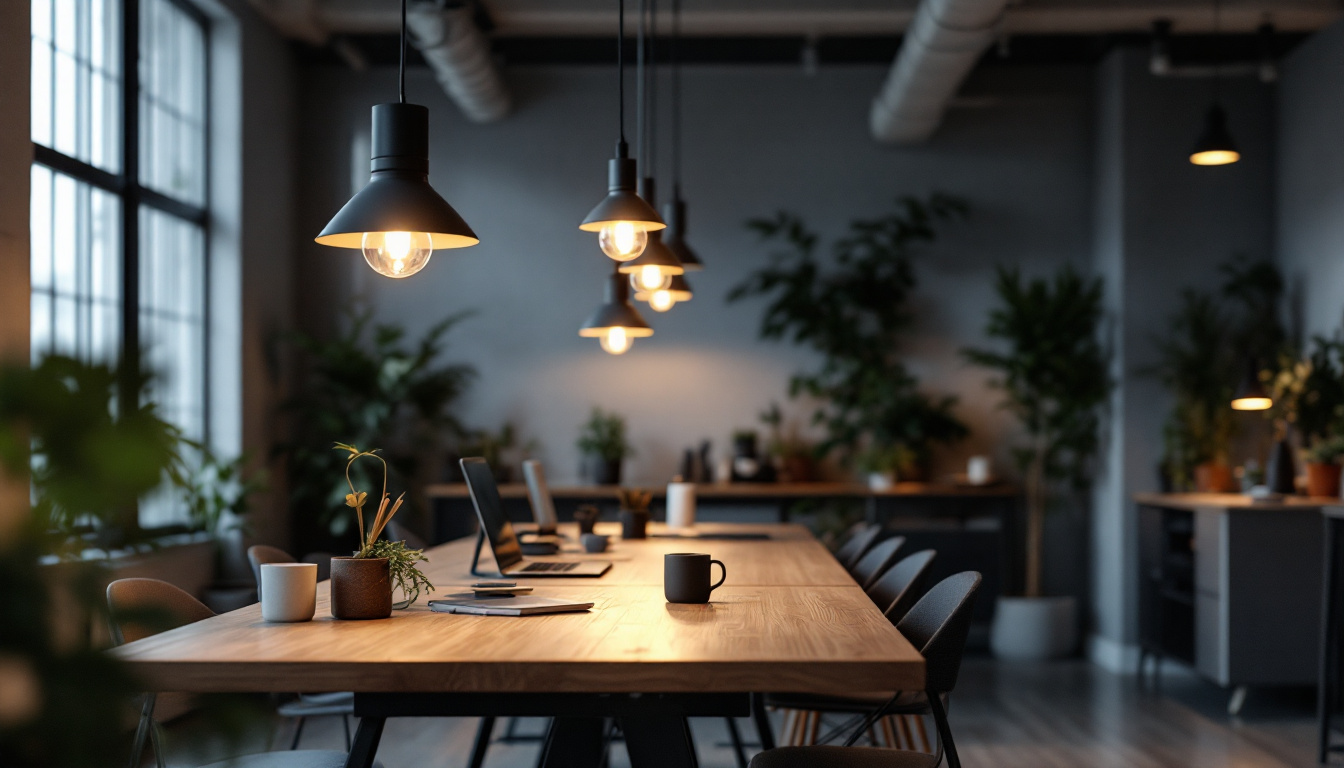 A photograph of a modern office space featuring stylish hanging lights that highlight the workspace
