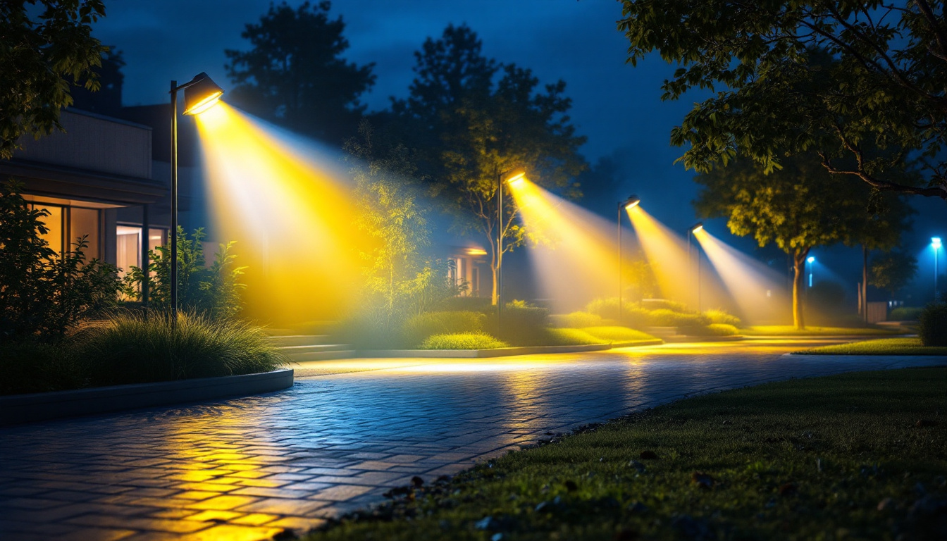 A photograph of a well-lit outdoor scene showcasing various led flood lights illuminating different areas