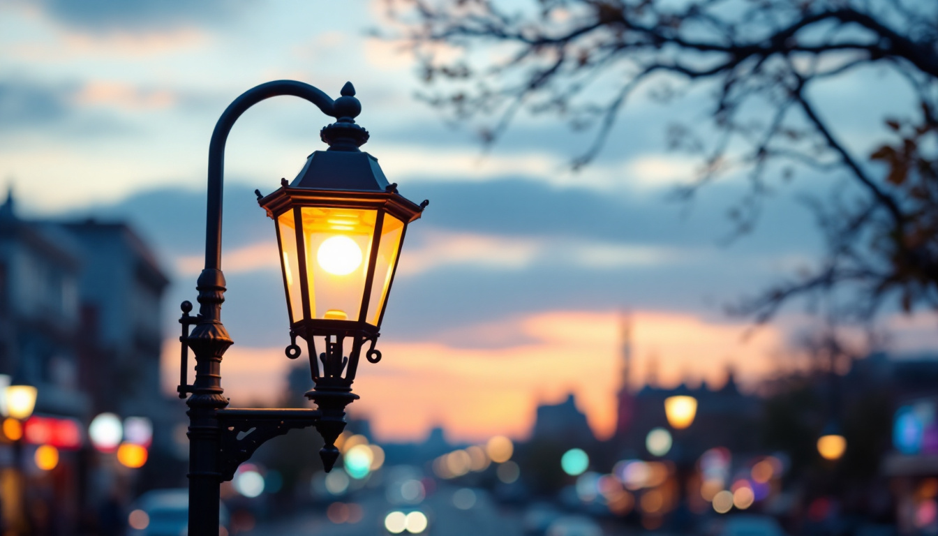 A photograph of a vintage lamp post with an illuminated lantern