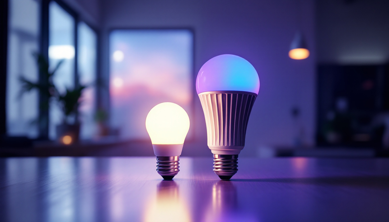 A photograph of a side-by-side comparison of led and fluorescent light bulbs illuminated in a well-designed indoor setting