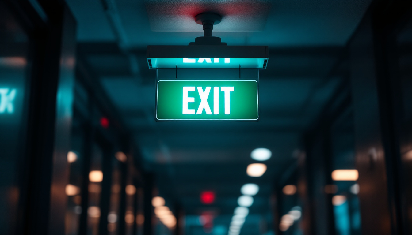 A photograph of a well-lit emergency exit sign illuminated by led lights