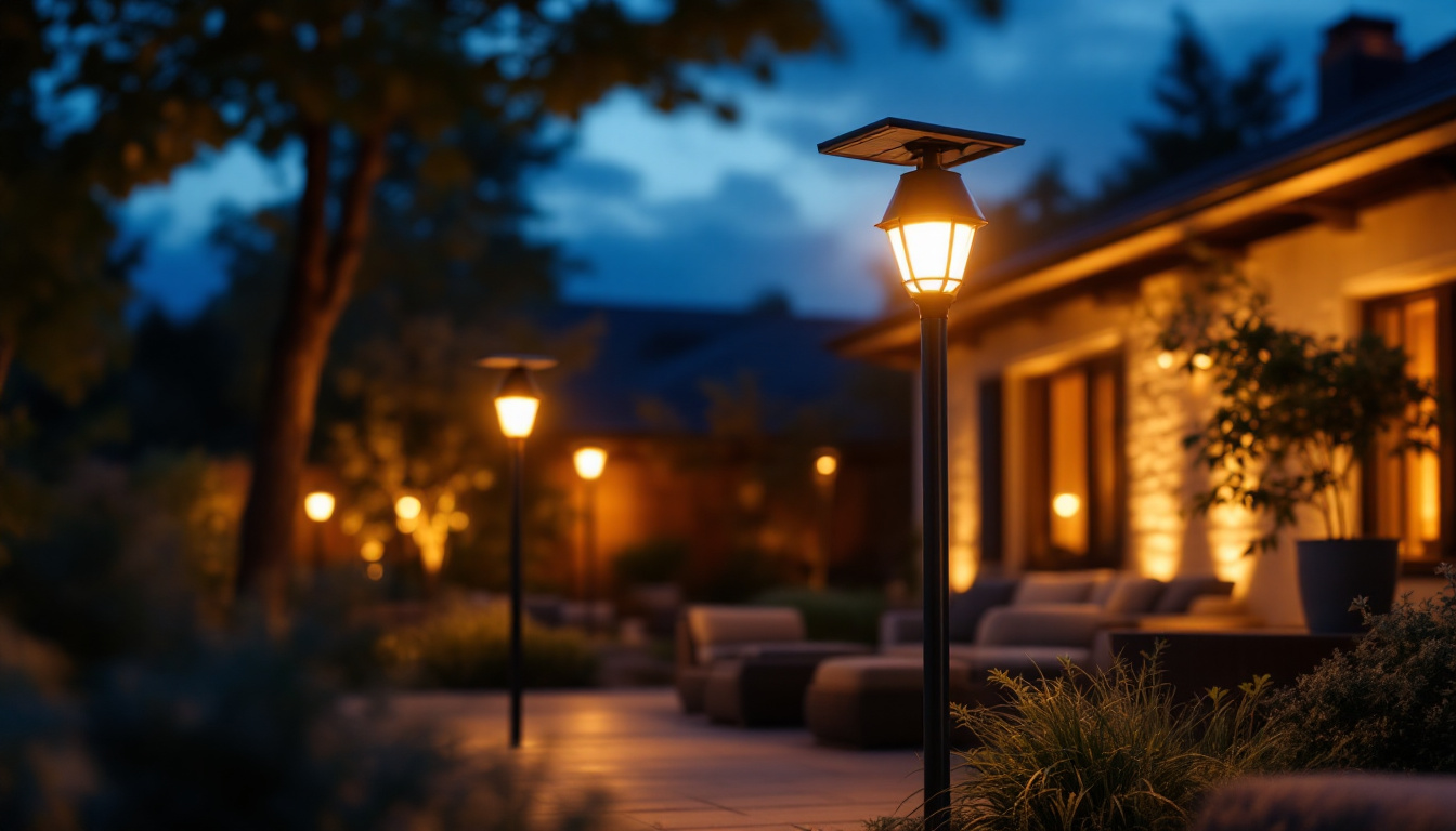 A photograph of a beautifully illuminated outdoor space featuring solar pole lights in action