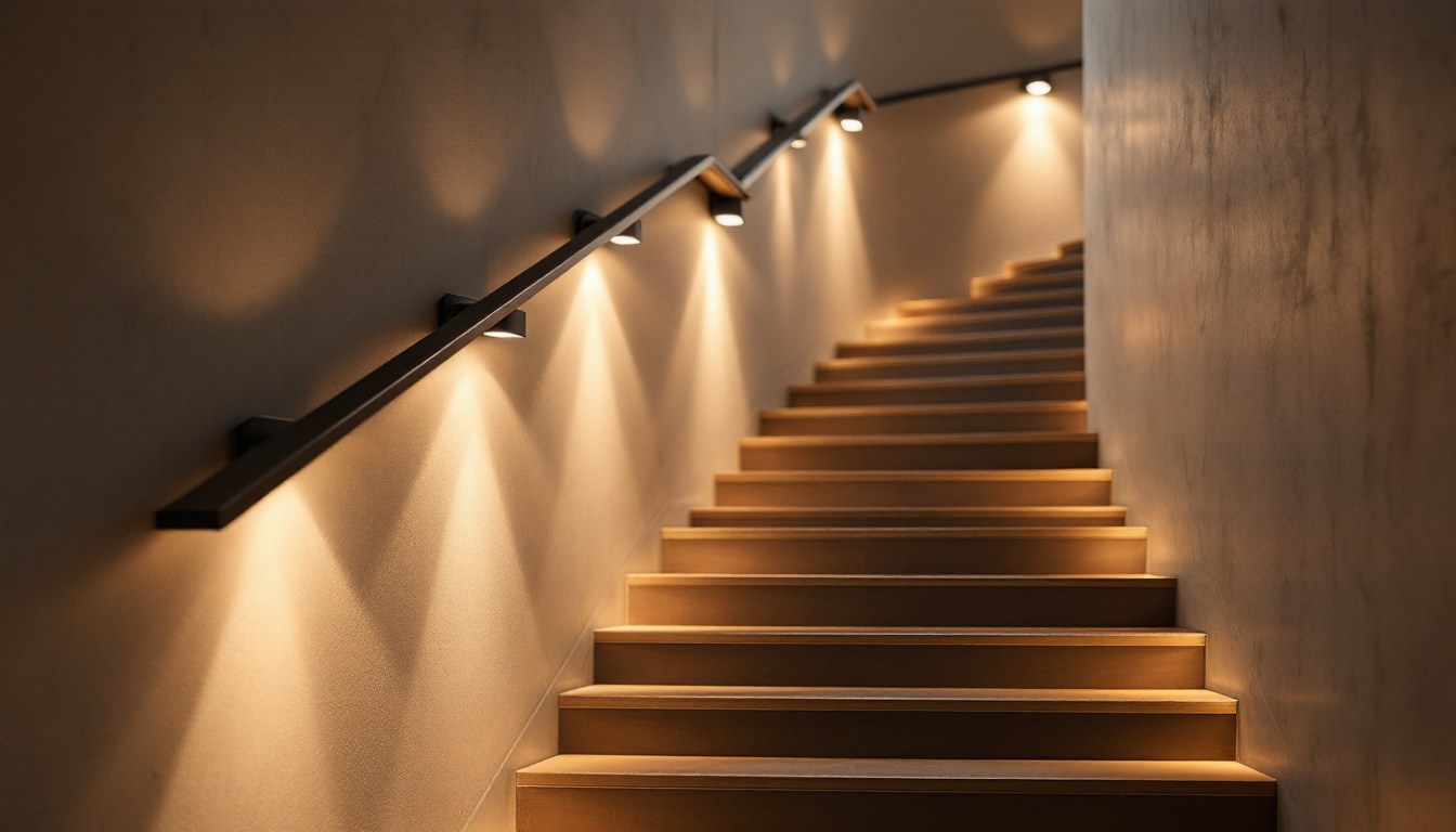 A photograph of a beautifully designed stairway illuminated by modern wall lighting fixtures