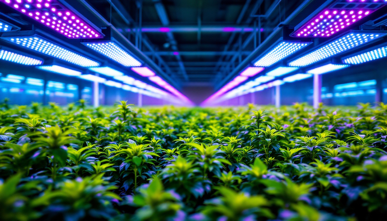 A photograph of a modern indoor grow facility showcasing vibrant plants illuminated by advanced led lighting systems