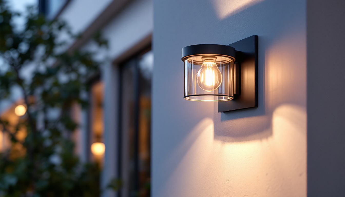 A photograph of a beautifully designed flush mount exterior light fixture installed on a stylish home facade