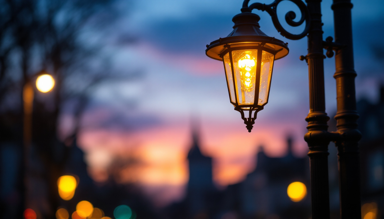 A photograph of a vintage-style street light illuminated at dusk