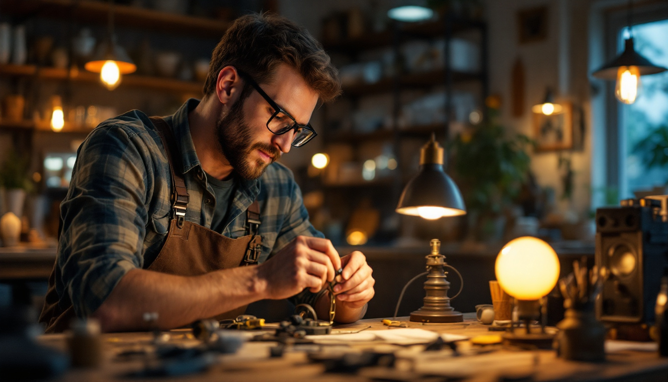 A photograph of a skilled electrical engineer retrofitting a vintage lamp with modern led technology