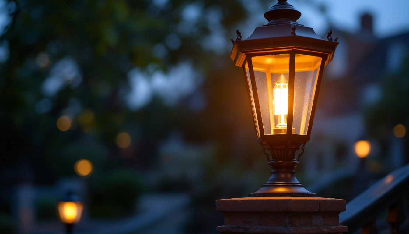 A photograph of a beautifully designed copper post lantern illuminated at dusk