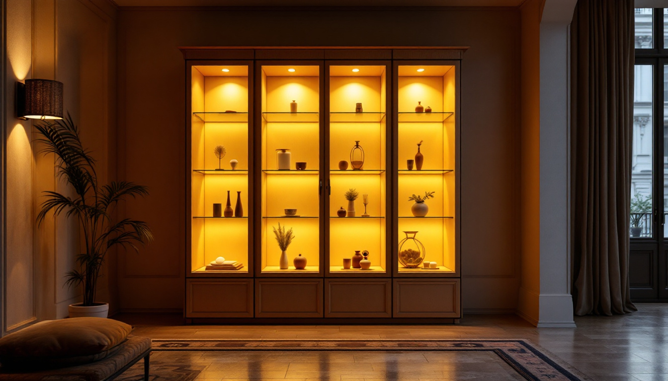 A photograph of a beautifully designed display cabinet illuminated with soft