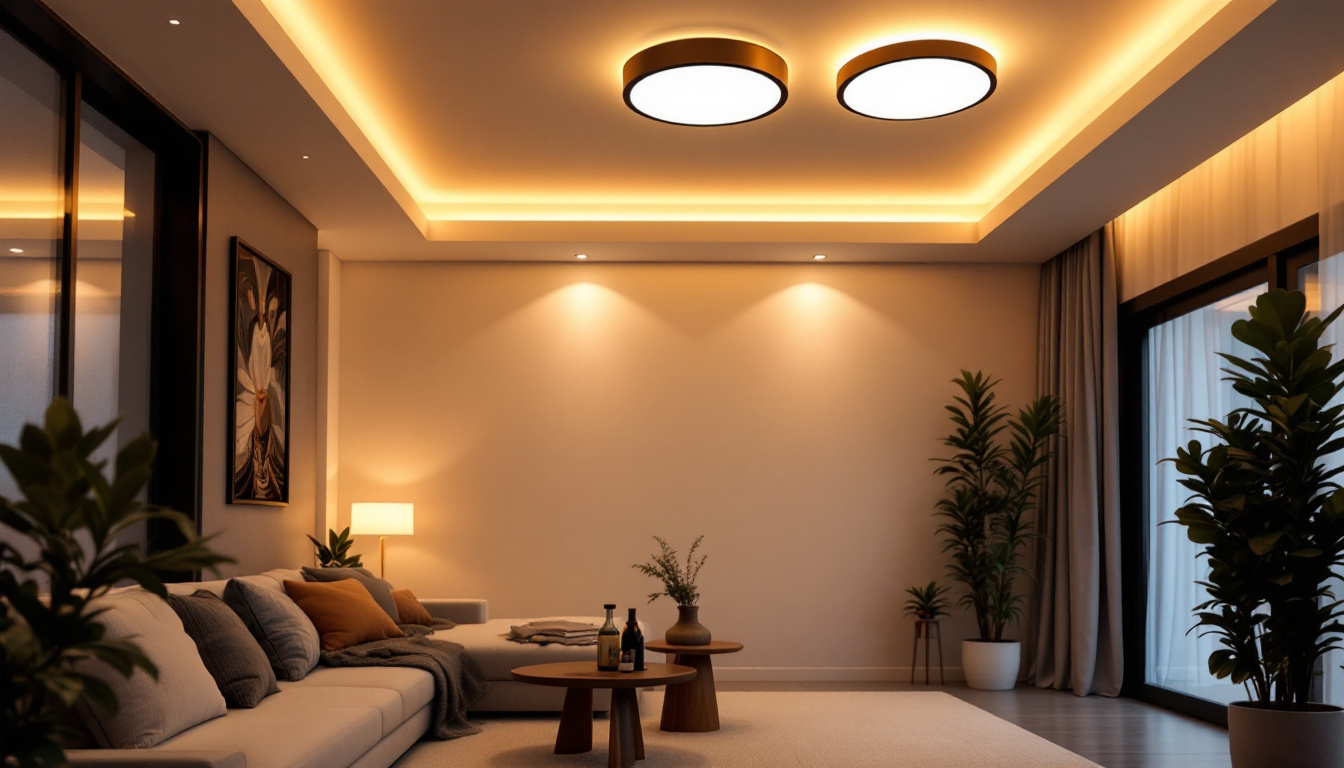 A photograph of a modern living space featuring stylish flush mount ceiling led lights