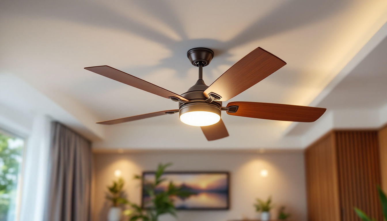 A photograph of a stylish ceiling fan with an integrated lighting kit in a well-designed living space