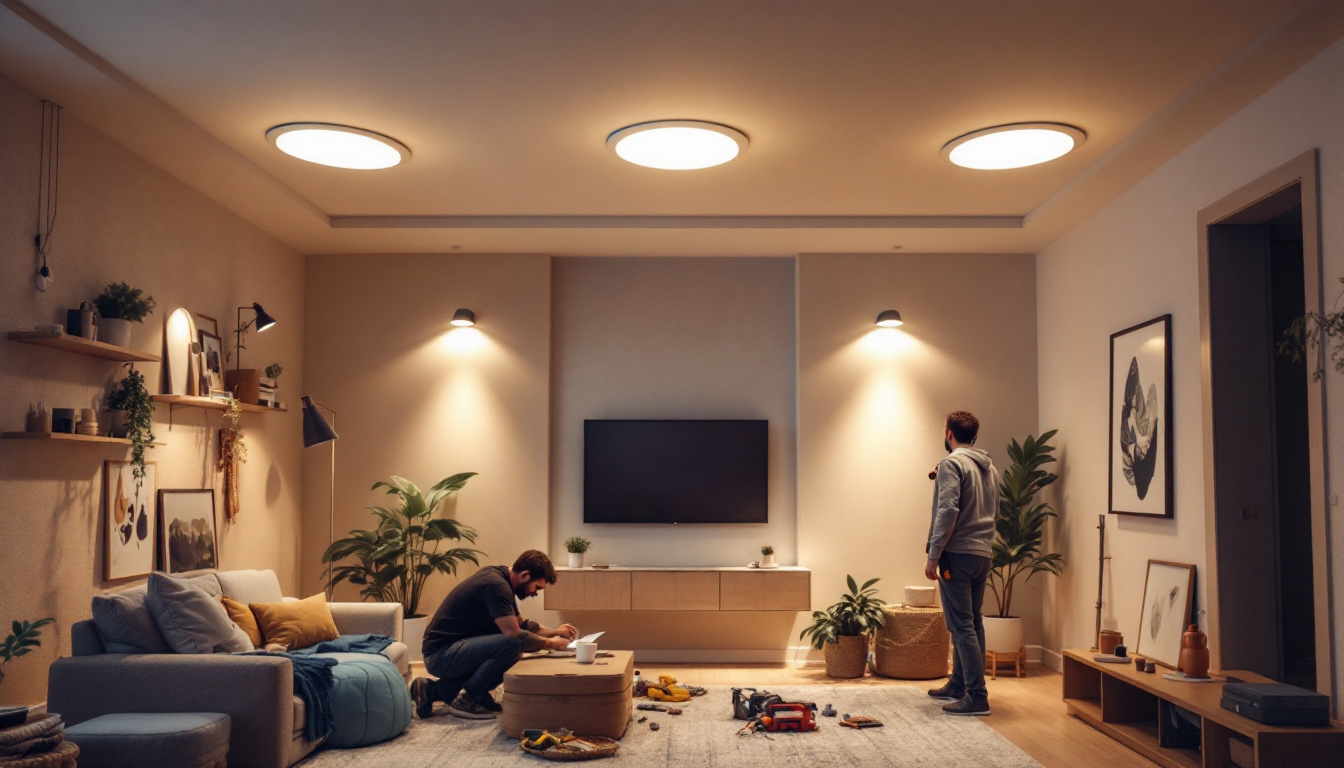A photograph of a well-designed interior space featuring six recessed lights in various stages of installation