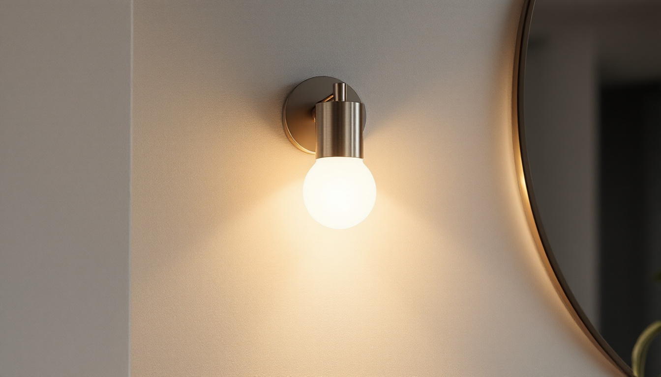 A photograph of a stylish brushed nickel bath sconce elegantly illuminating a modern bathroom setting