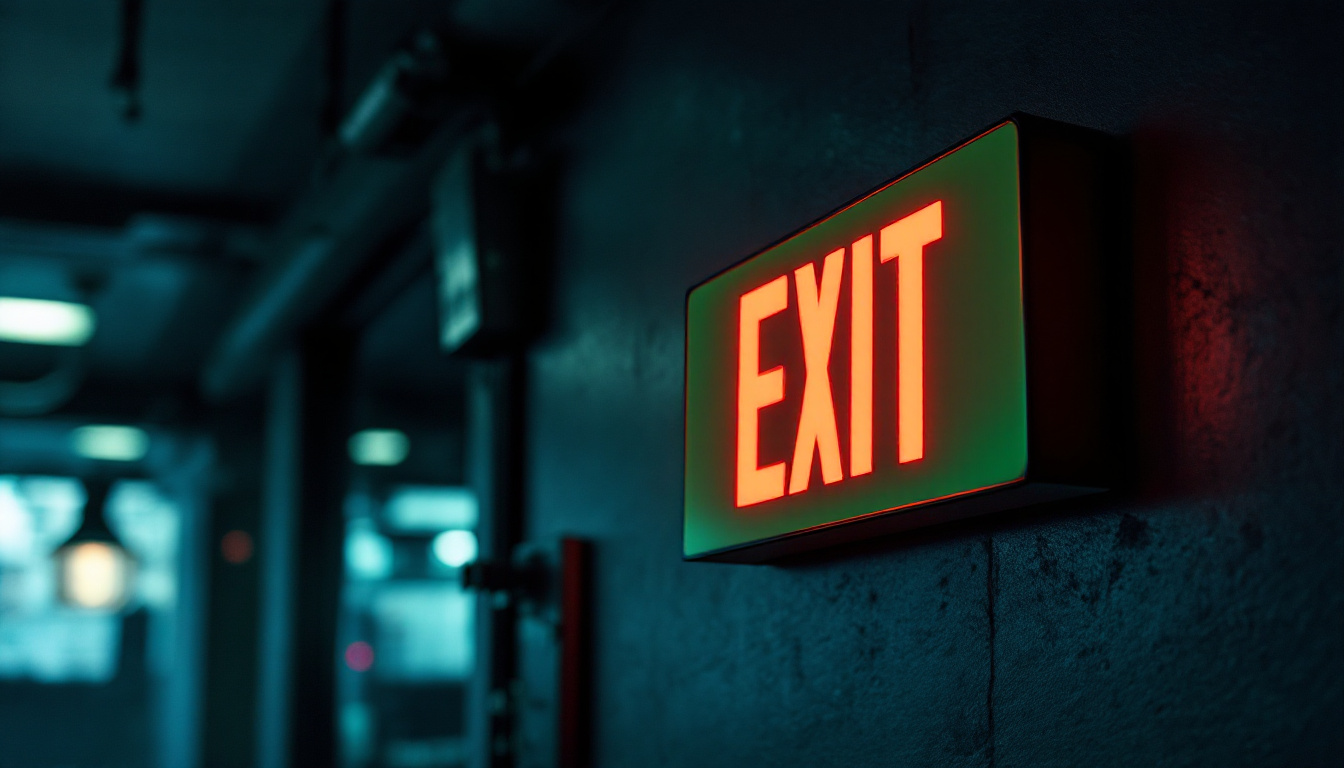 A photograph of a well-lit exit sign in a commercial or public space