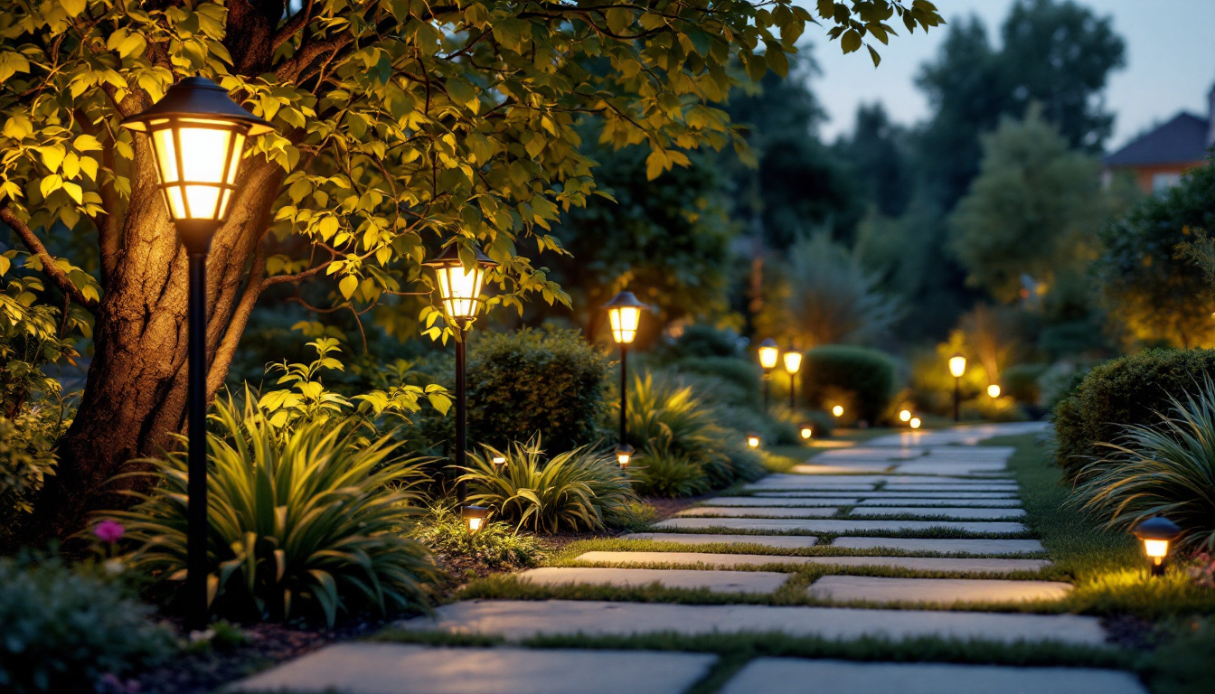 A photograph of a well-lit outdoor space featuring motion sensor lights in action